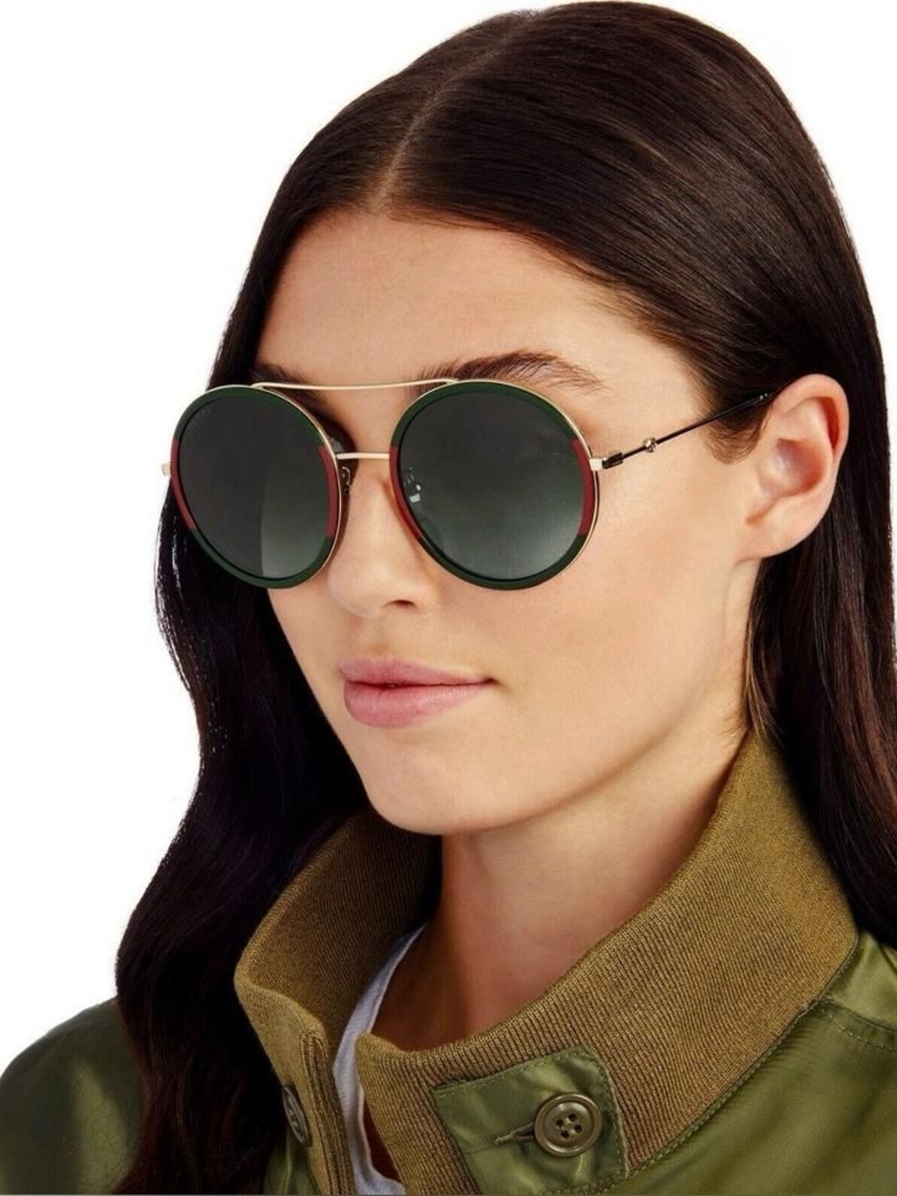 Gucci GG0061S brow bar round sunglasses 56mm gold frames green gradient lenses